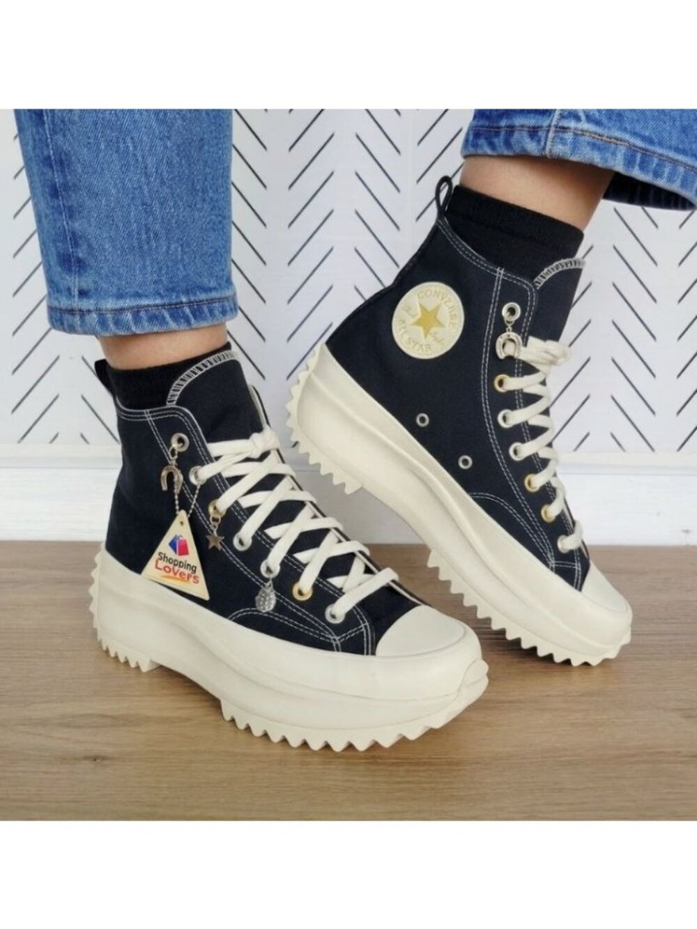 ❤️Converse Run Star Hike Hi Charms 9.5 Womens Shoes Sneakers Black Beige A13409C